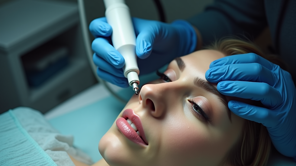 Eye-level view of laser technician preparing laser device for eyebrow tattoo removal