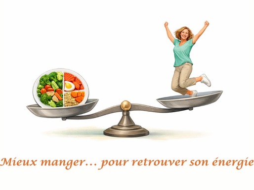 Une balance avec une assiette équilibrée d'un côté et une femme  pleine d'énergie de l'autre