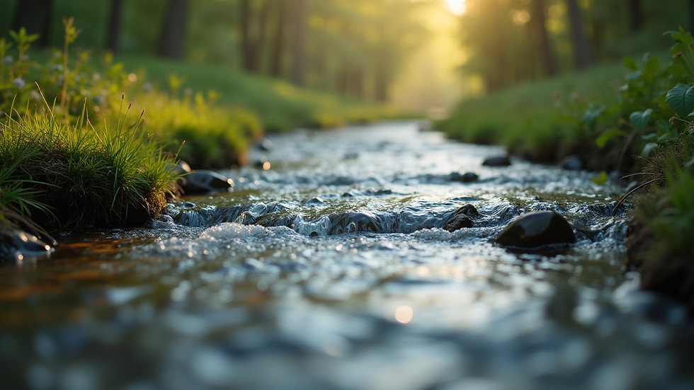 Close-up view of a serene nature scene with a flowing stream