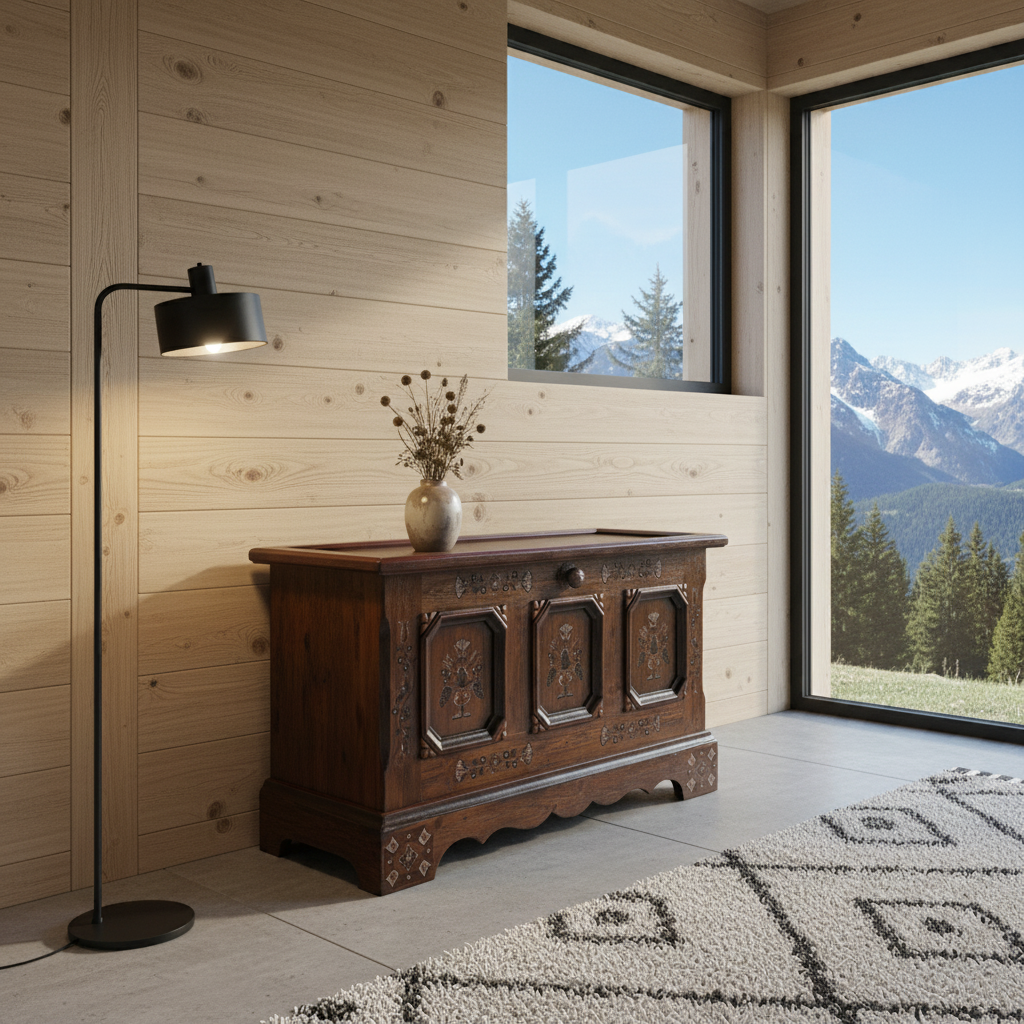 Bauerntruhe | Voglauer 1700 braun antik innen Schuheinsatz