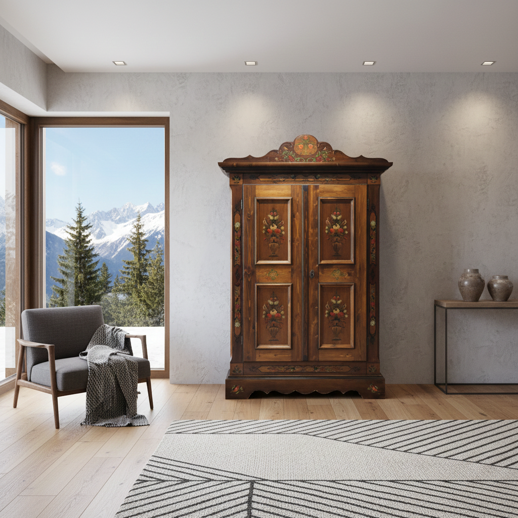 Voglauer Anno 1800 braun antik Bauernschrank Kleiderschrank Schrank Antikmöbel Landhausschrank massiv bemalt Bauernmalerei