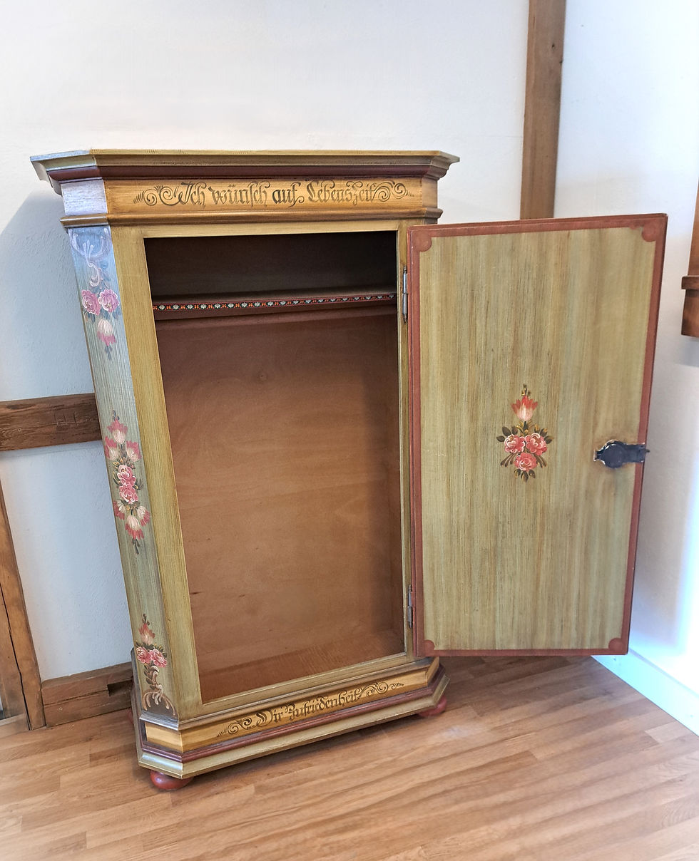 Miniaturbild: Bauernschrank | 1 Tür hell Blumenmotiv altgrün