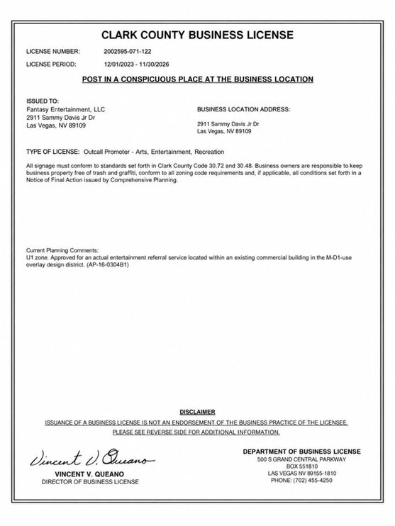 Clark County Business License: Fantasy Entertainment: Private Las Vegas Strippers
