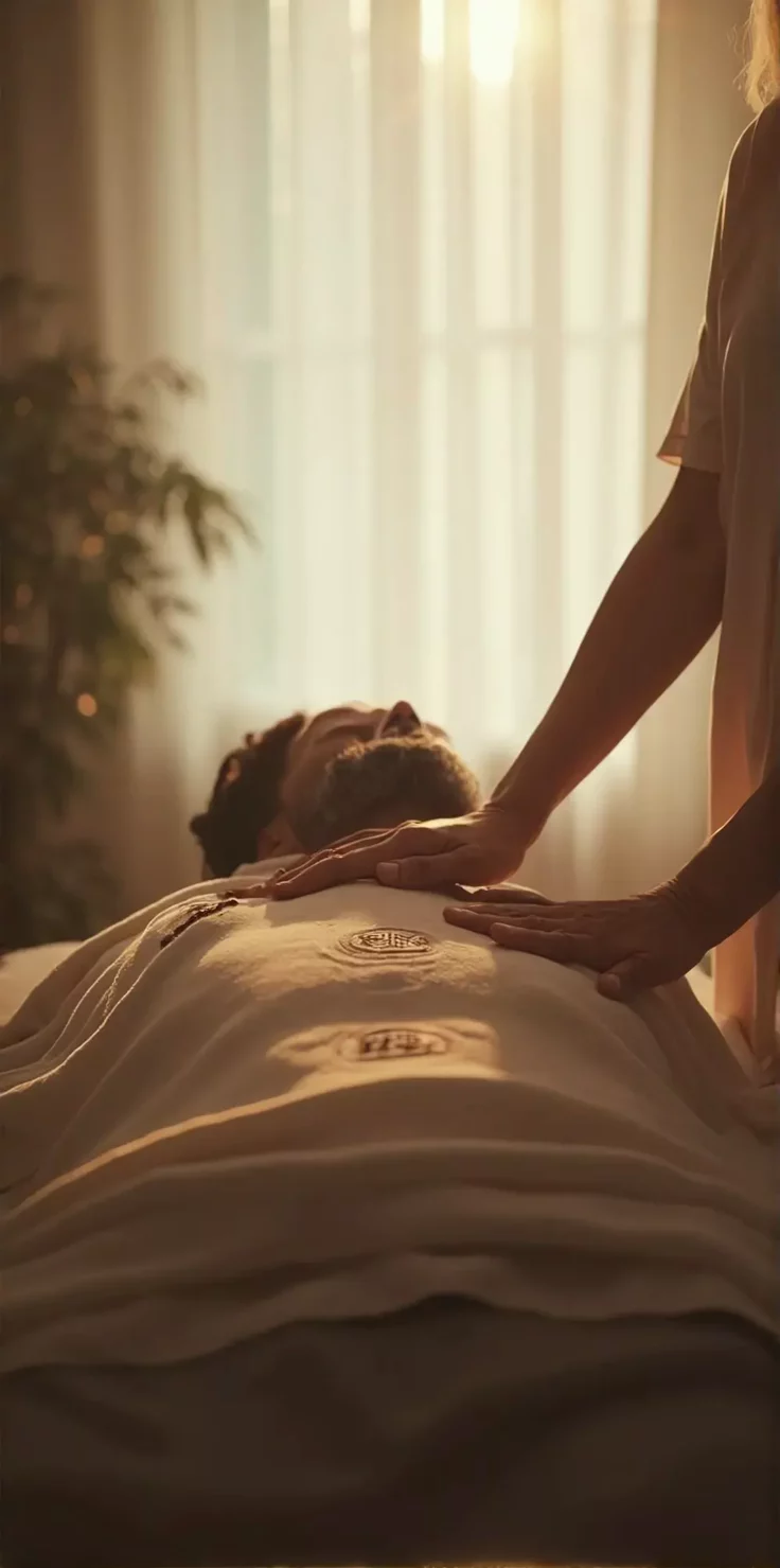 Mains posées sur le corps d’une personne allongée pendant un soin