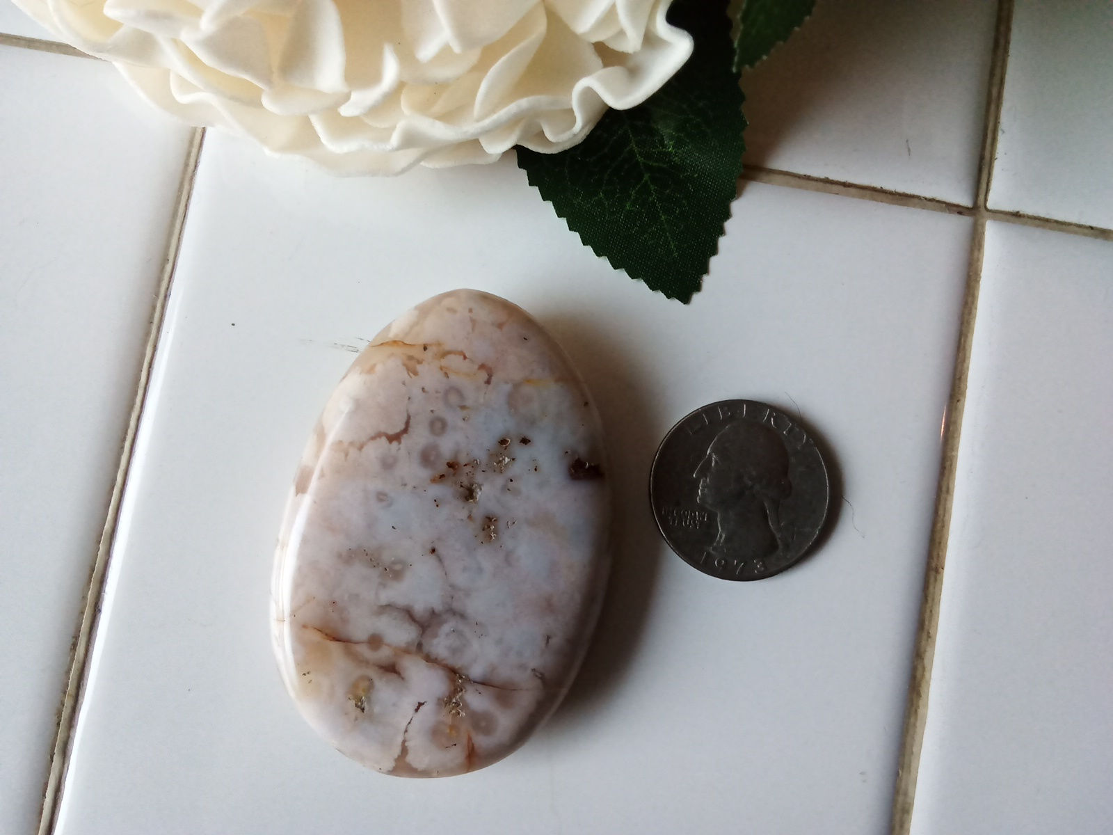 Flower Agate, Flat palm stone 2"