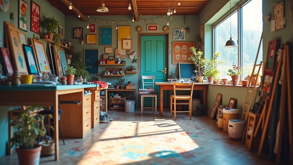 Eye-level view of a colorful art workshop room with creative supplies