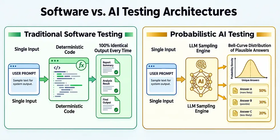 Deterministic software giving identical output versus probabilistic AI producing a range of plausible answers