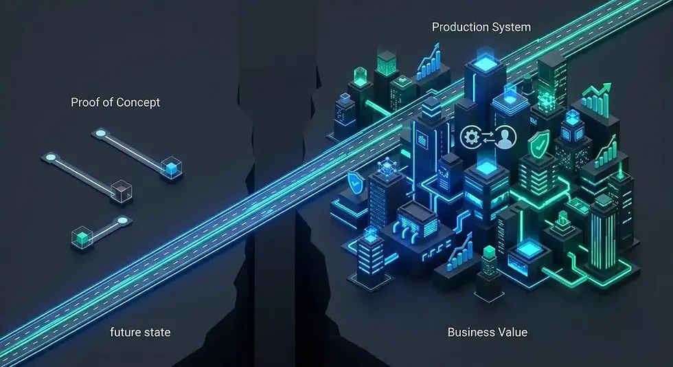 Agentic AI systems crossing from proof of concept to a production system that delivers business value