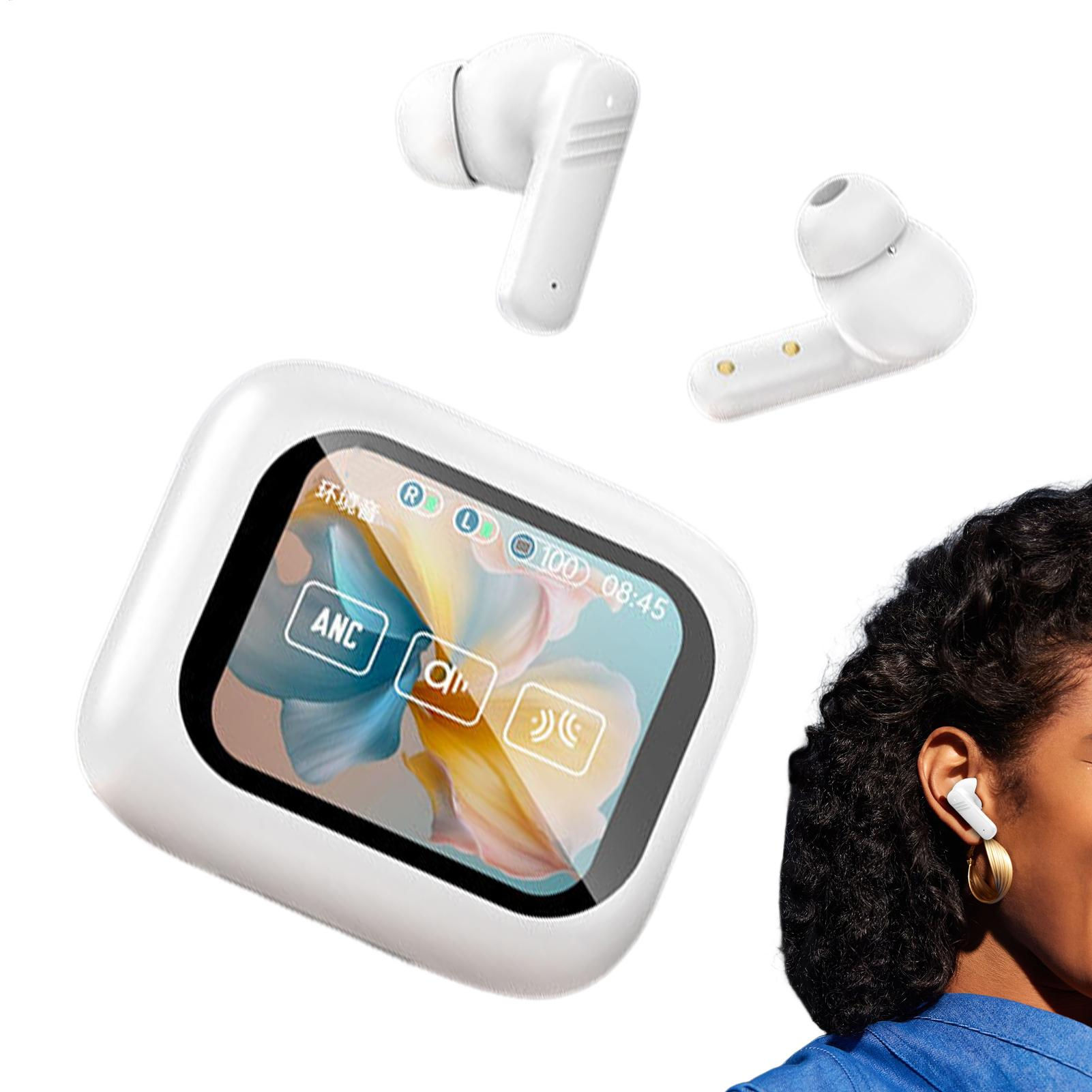 White wireless earbuds, charging case, and person wearing one