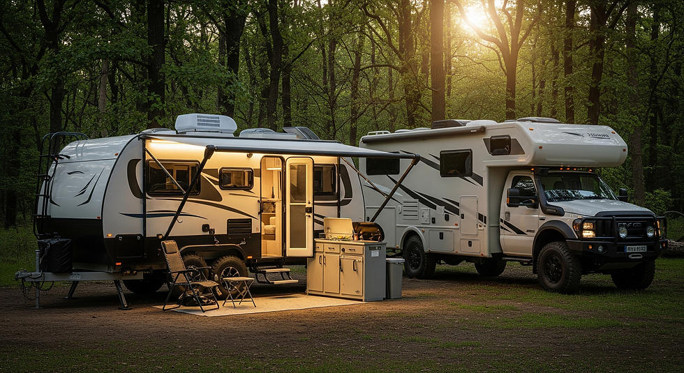 white and black camper trailer with an extended awning and an outdoor kitchen, next to a white and beige RV truck, both parked in a forest clearing at sunset, with sunlight filtering through the trees.