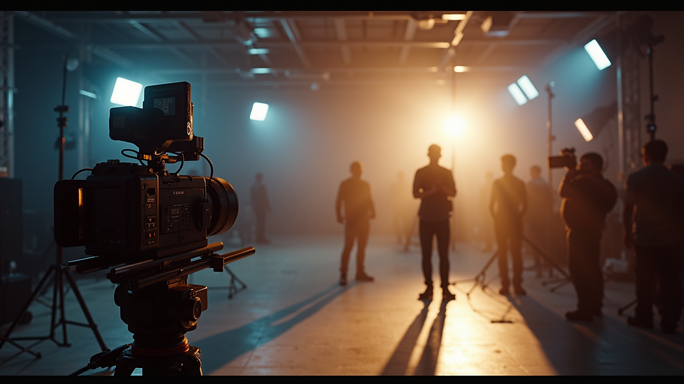 Wide angle view of a film set with lighting equipment and cameras