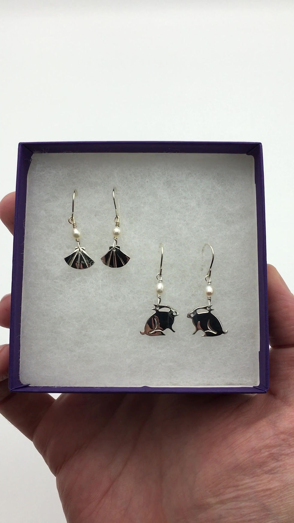 Thumbnail: Sterling Silver Rabbit & Shell Earrings (2 pr set)