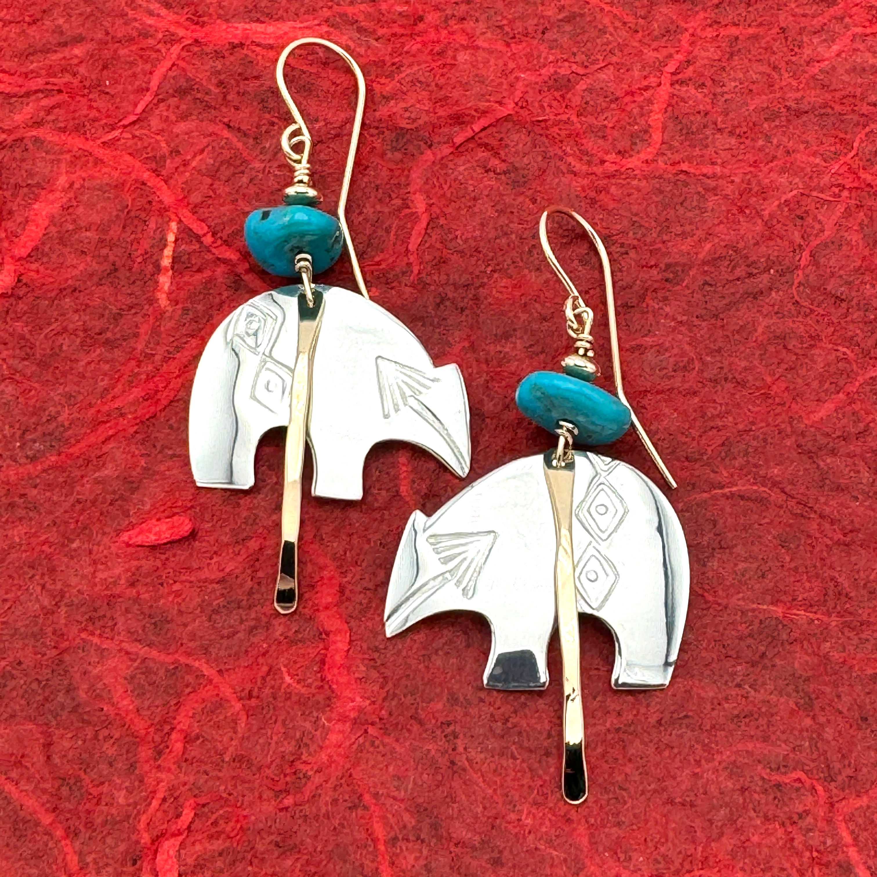 Sterling Silver Southwest Bear Earrings / Turquoise Nuggets