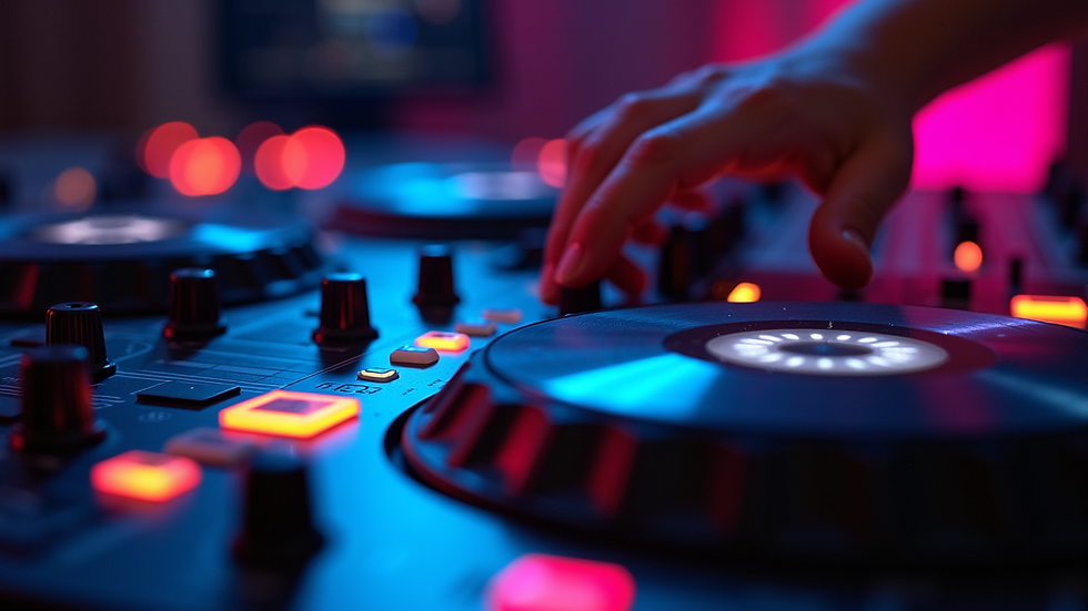 Close-up of a DJ mixing console with colorful lights