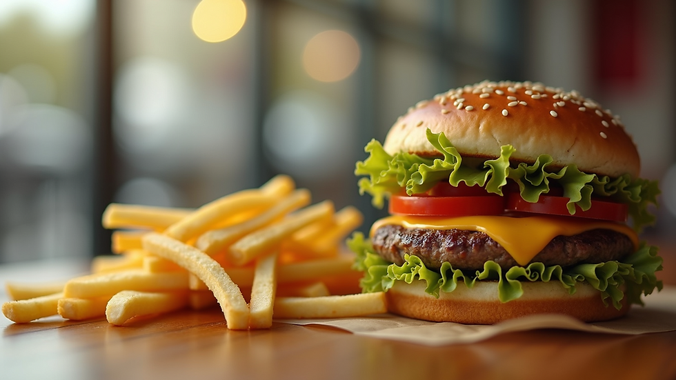 Close-up view of a fast-food meal with fries and a burger