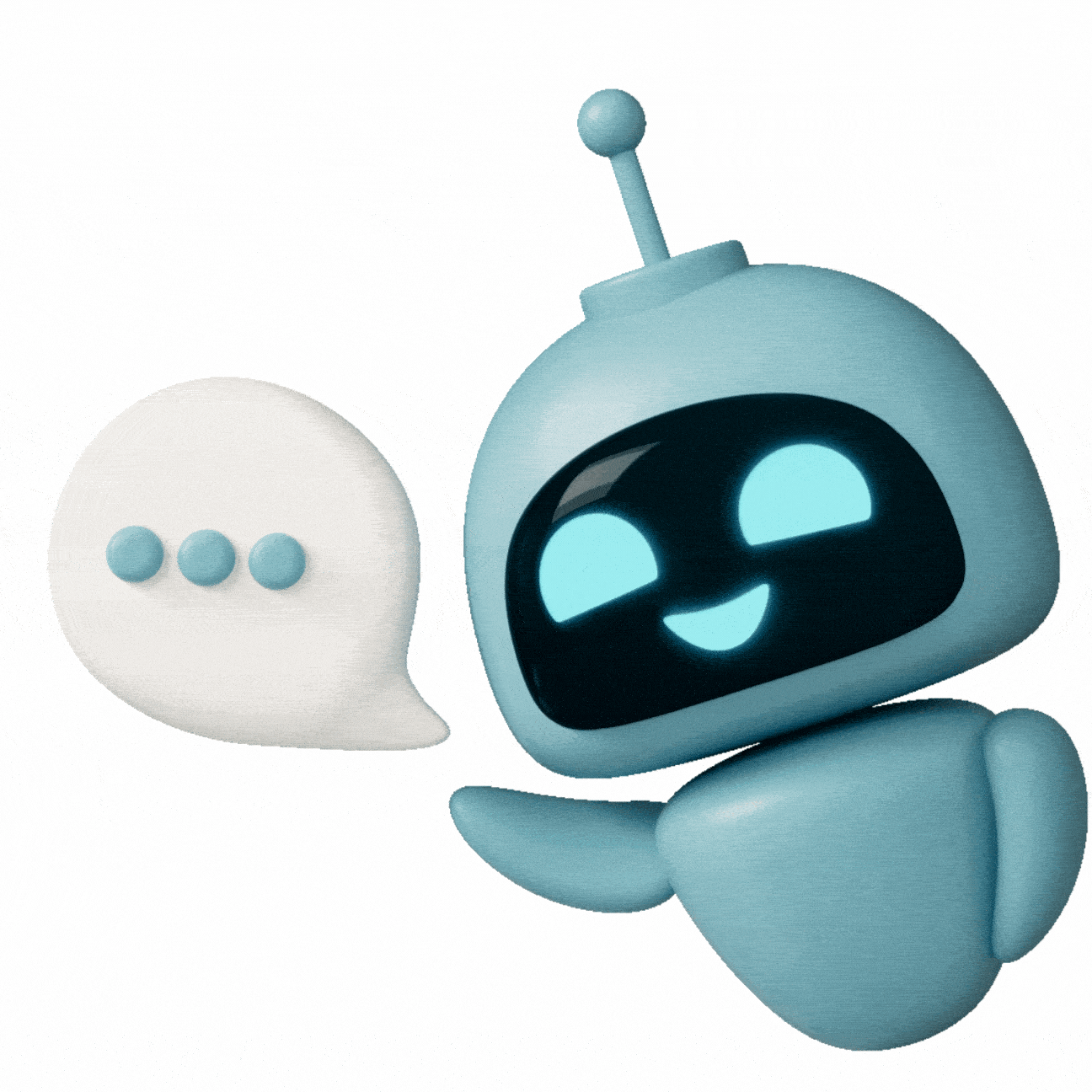 Animated blue robot waving with a speech bubble, representing friendly AI communication and chatbot interaction.