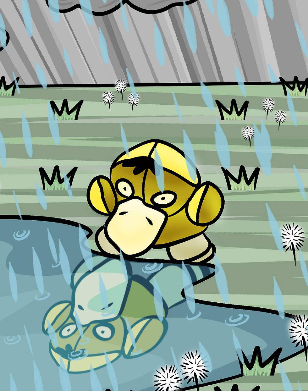 An illustrated print featuring a yellow cartoon-style "Psyduck" in a puddle. The background has rain and stylized grass.