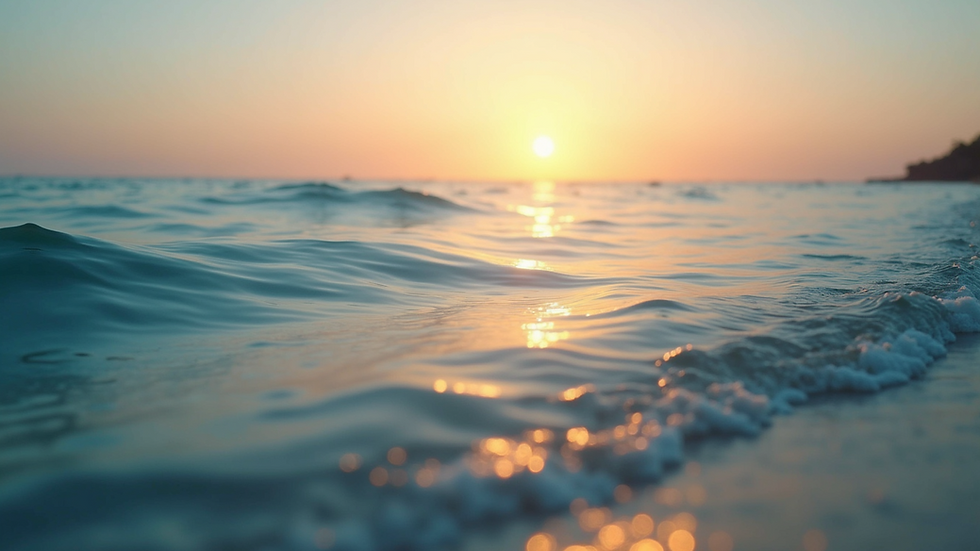 Eye-level view of a calm ocean with gentle waves under a soft sunset