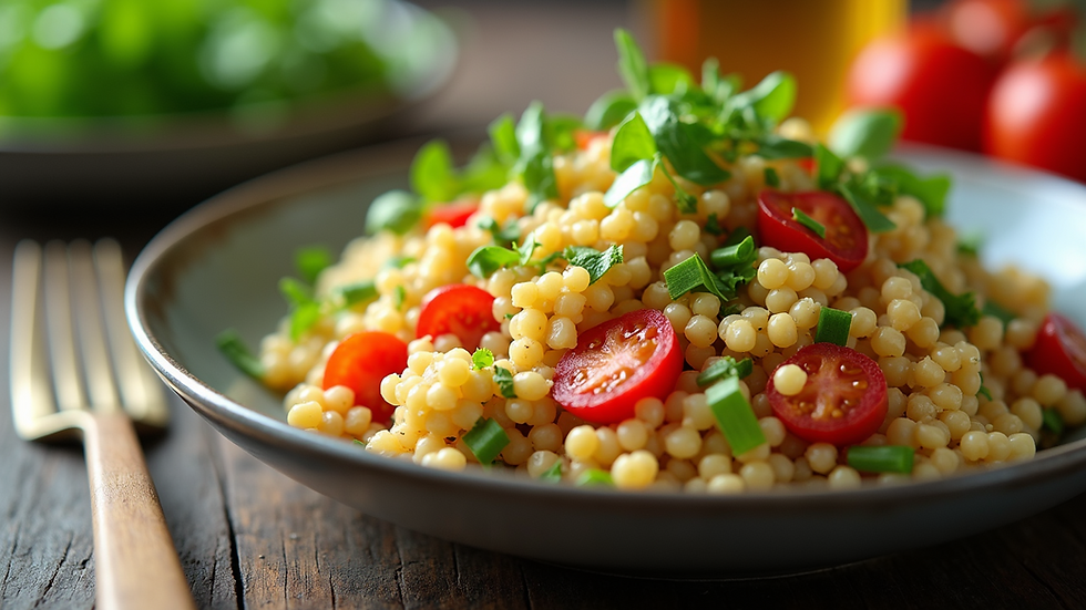 Eye-level view of a colorful millet salad with chopped vegetables and herbs