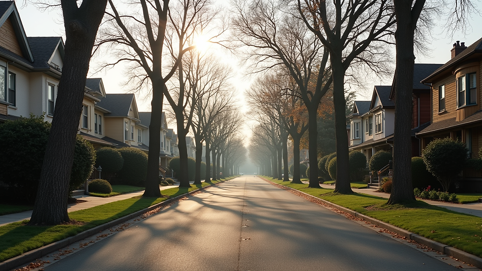 Eye-level view of Elmhurst residential street with houses and trees