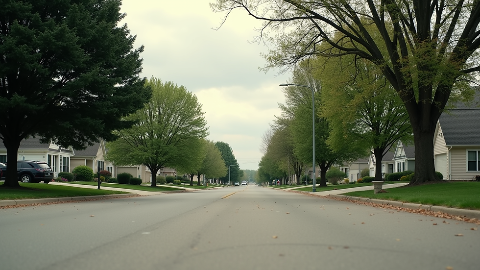 Eye-level view of a suburban street with houses and trees in DuPage County