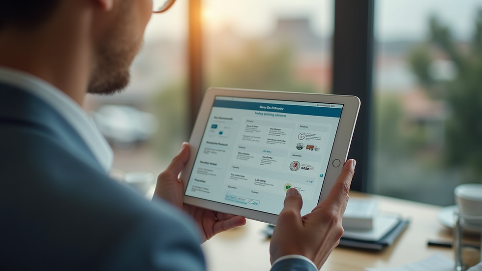 Wide angle view of a real estate agent showing home financing options on a tablet