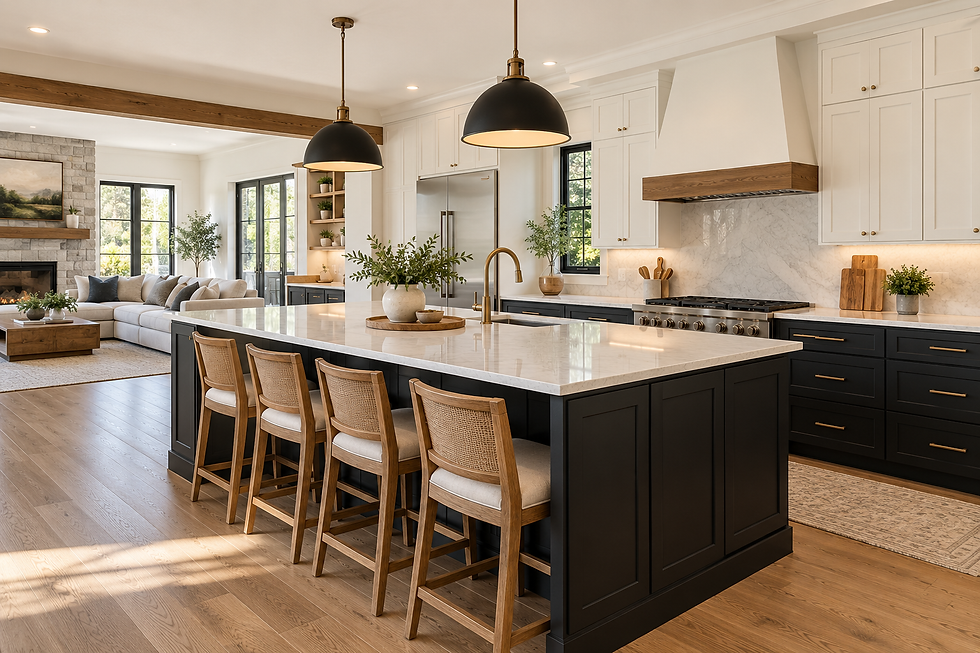 Modern white kitchen with black island and warm wood details