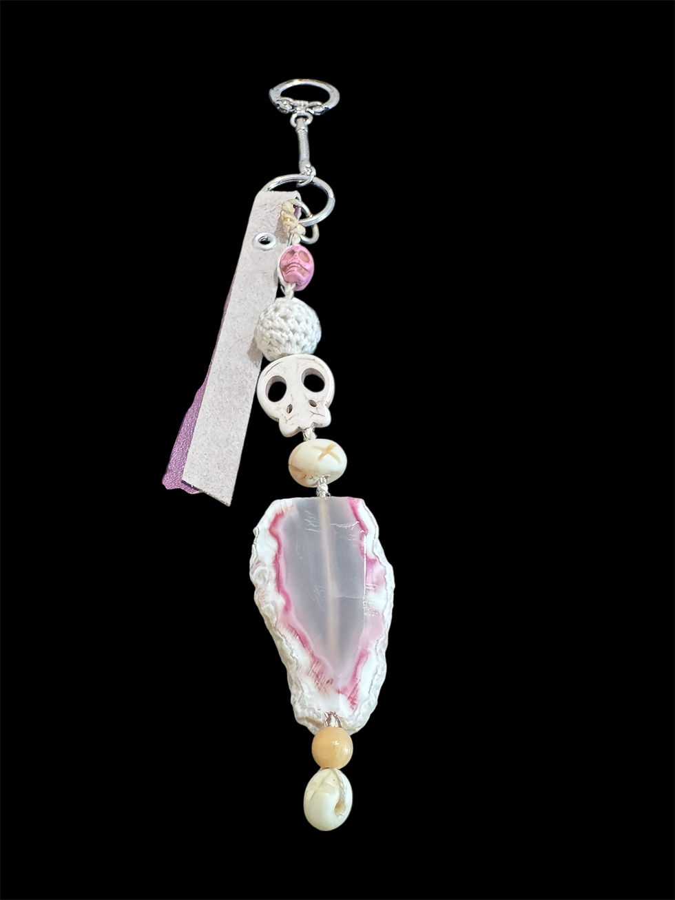 Thumbnail: pink agate and cream skull keychain