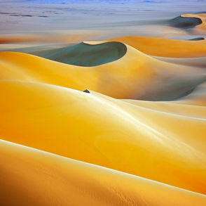 Goldene, geschwungene Sanddünen erstrecken sich unter einem blauen Himmel