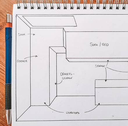 Small campervan layout with bed, kitchen and storage plan