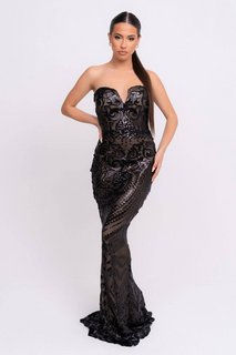 תמונה ממוזערת: Kenza Black Luxe Sweetheart Plunge Sequin Embellished Fishtail Dress
