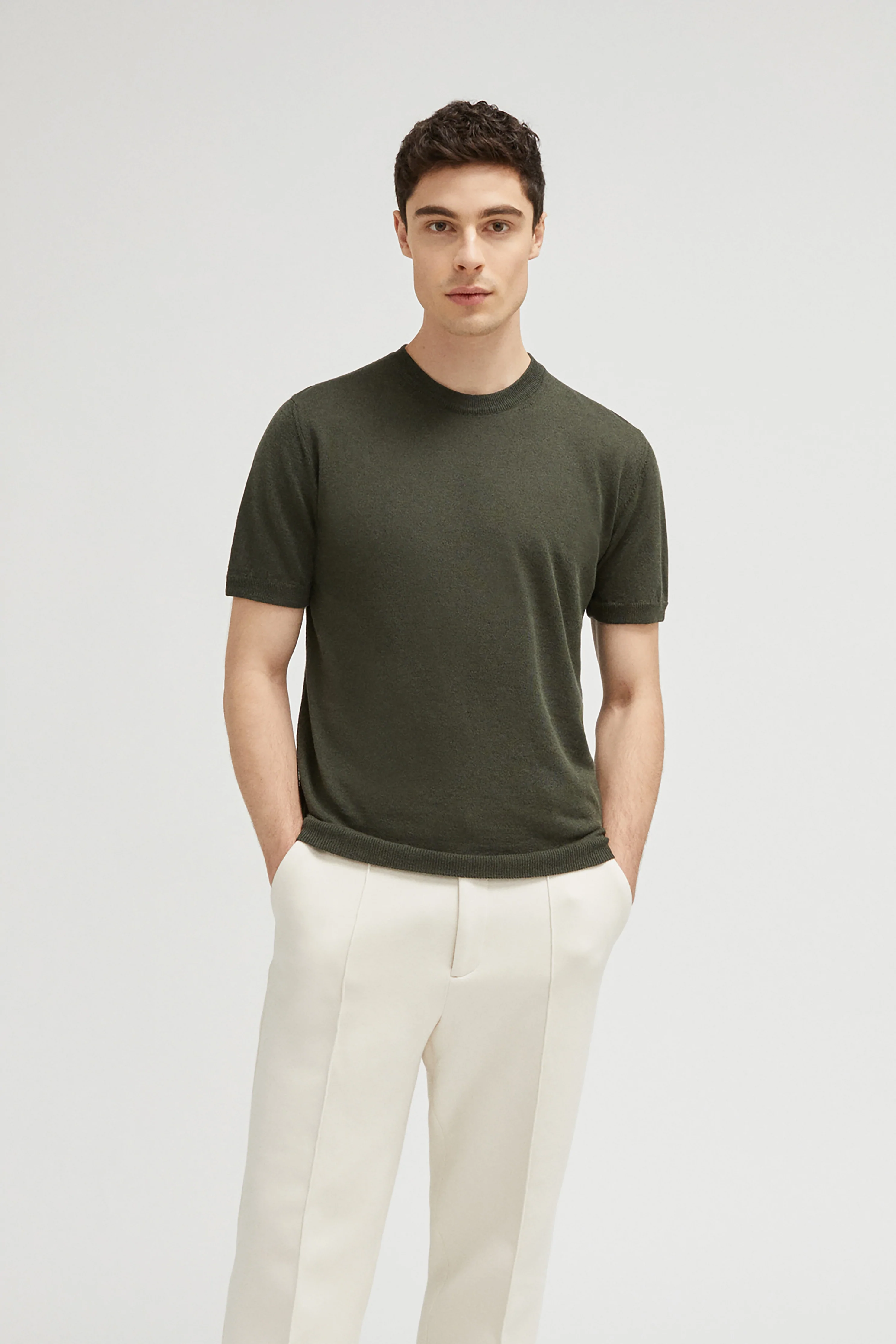 100% Organic Cotton Linen Crew Neck Shirts - Mul. Colors - Military Army Green