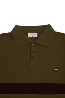 Thumbnail: Men's Cotton Long-Sleeved Stripe Polo Shirt In Dark Olive Green