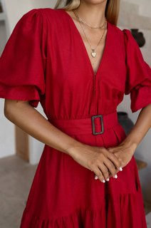 Miniatura: Peony Midi Linen Dress - Red