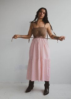 Thumbnail: Prairie Dress in color block seersucker cotton