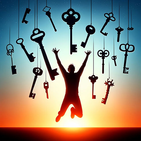 A man seen in silhouette against a sunset jumping in the air with many huge keys hanging around him.