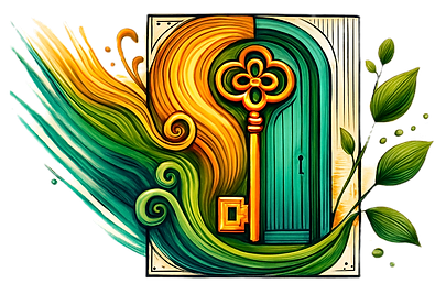 An illustration in green and orange of a key in front of swirling patterns