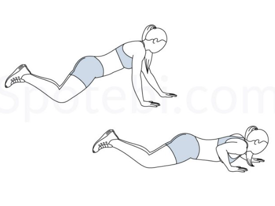 Staggered arm alternating knee pushups