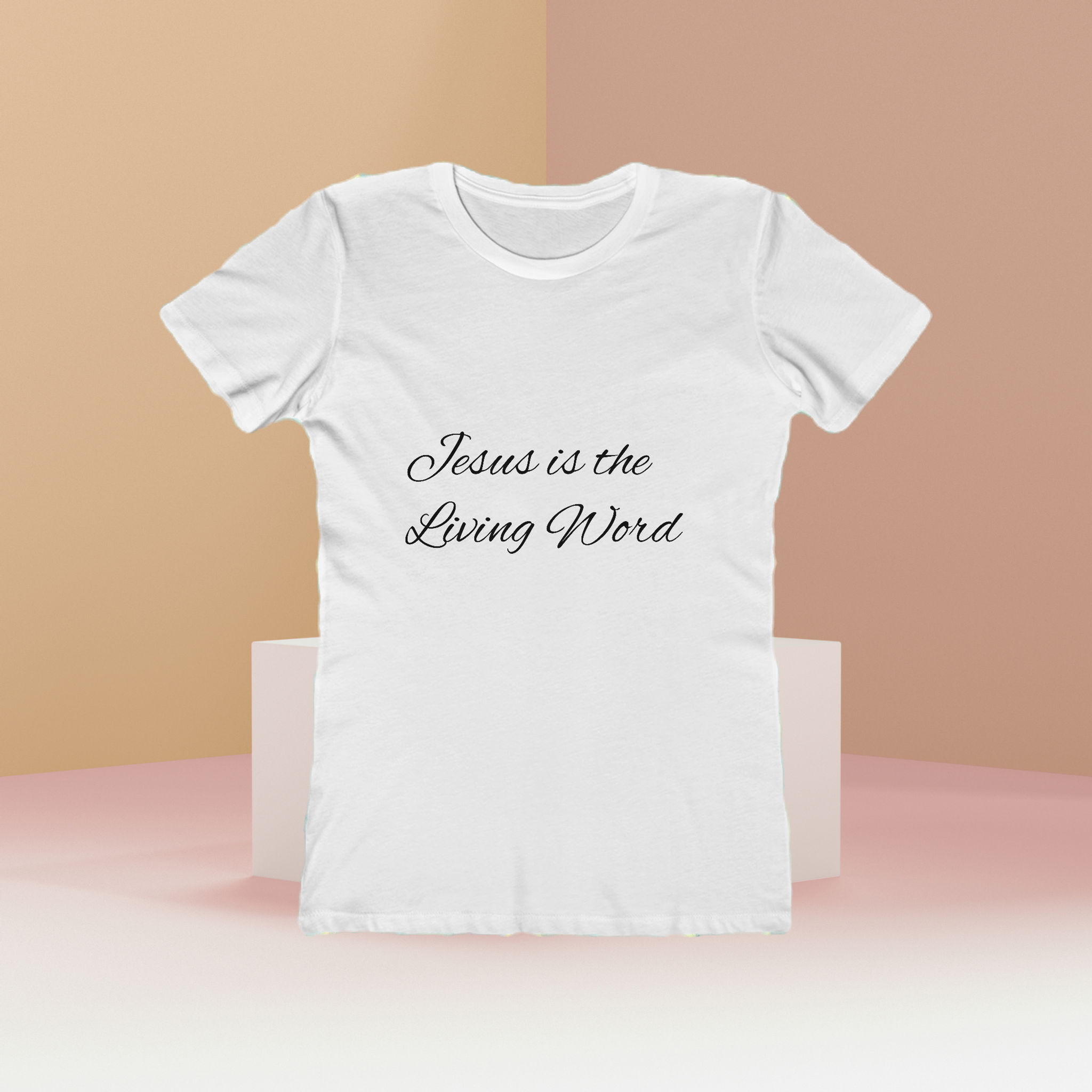 White t-shirt with 'Jesus is the Living Word'