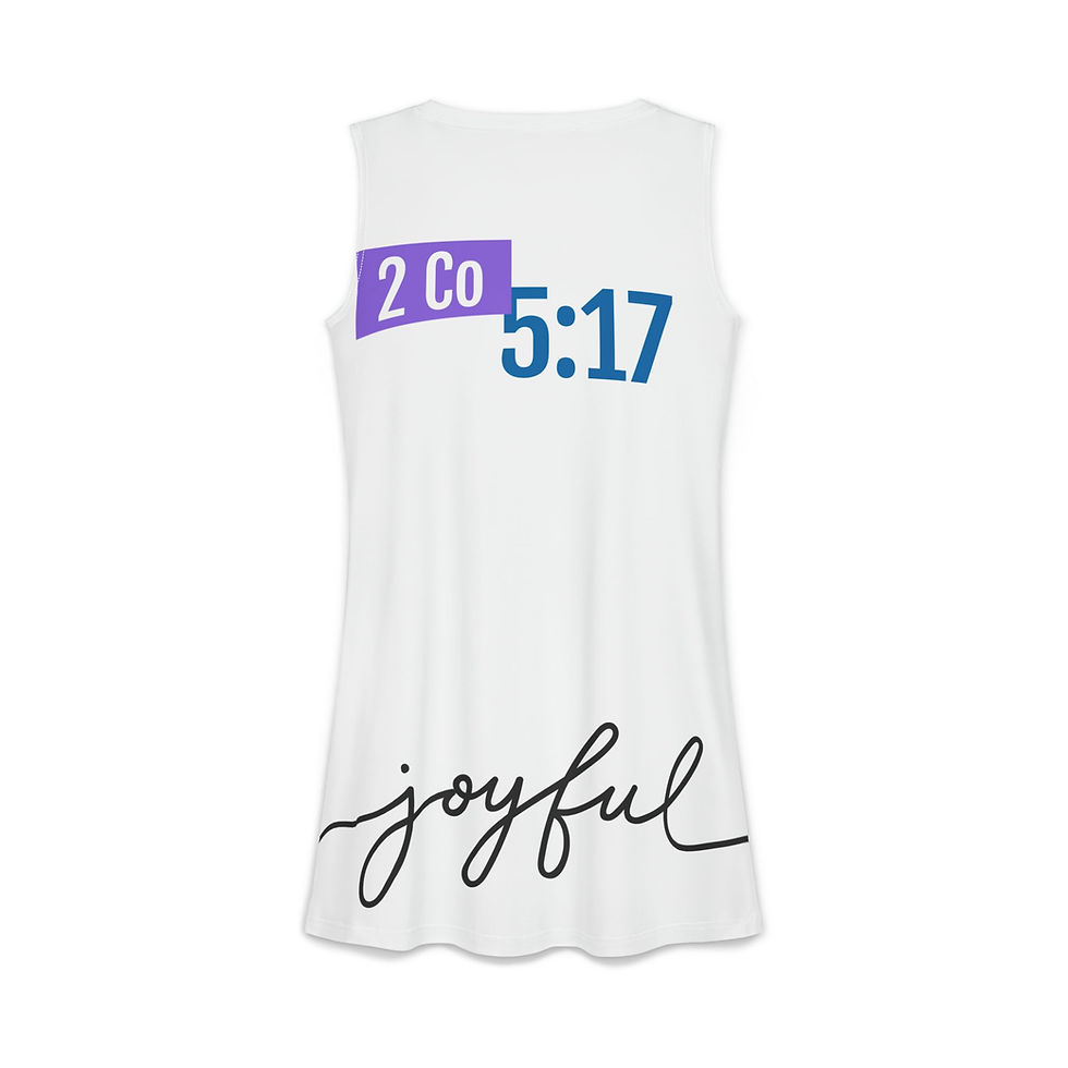 White tank top with 2 Co 5:17 and joyful text
