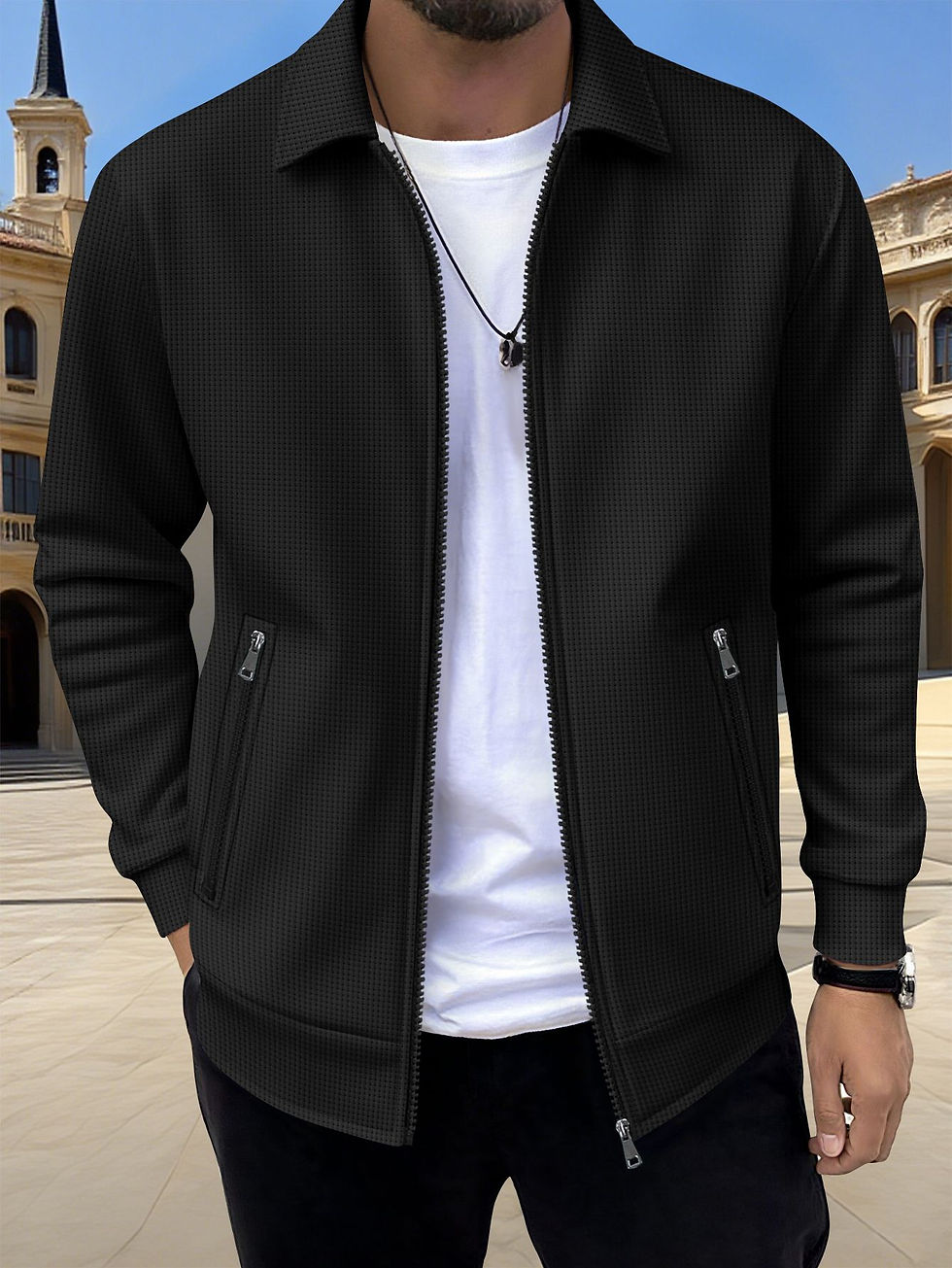Miniatura: Jaqueta masculina de cor sólida com zíper, manga longa e bolsos, modelo G.