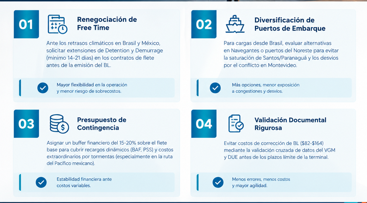 Infografía de Roldán Logistics sobre transporte marítimo: avión de carga y 4 claves para mitigar riesgos, con texto azul.