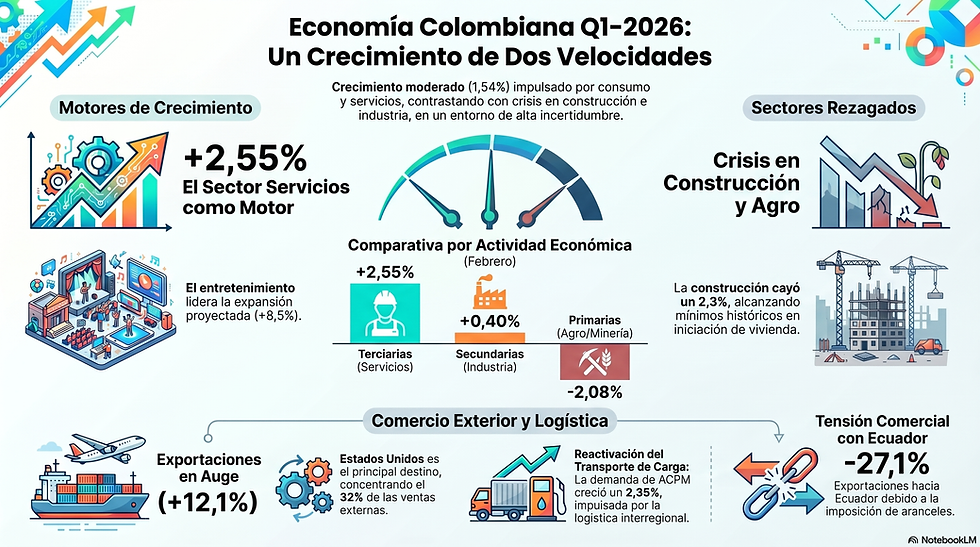 Infografía sobre la economía colombiana 2026: crecimiento en servicios (+2,55%), crisis en construcción y agro, exportaciones al alza (+12,1%).