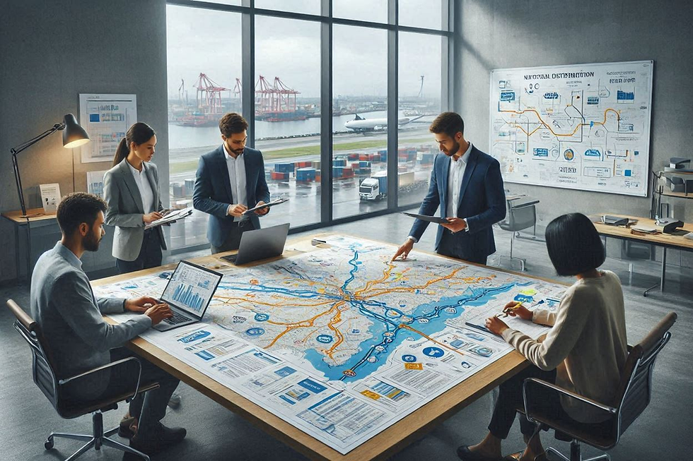 Equipo de cinco en oficina moderna junto a mapa logístico gigante, analizando rutas con portátiles y tabletas, con puerto al fondo.