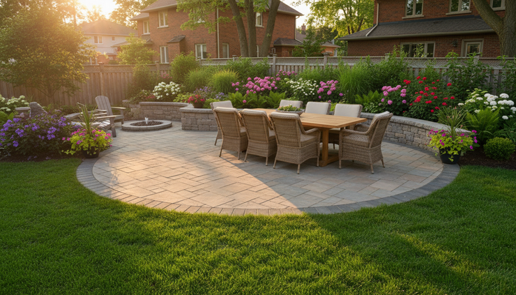 Wide-angle view of a finished interlock patio ready for summer use.