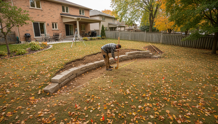 Close-up view of a sloped backyard area with marking flags.