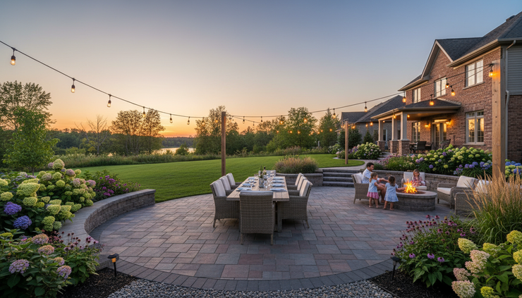 Wide-angle view of a family dining area on a Manotick interlock patio at dusk