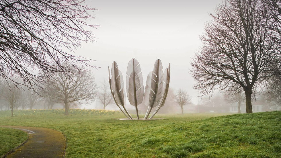 20 foot eagle feathers, each unique, in a bowl shape to represent the gift of food