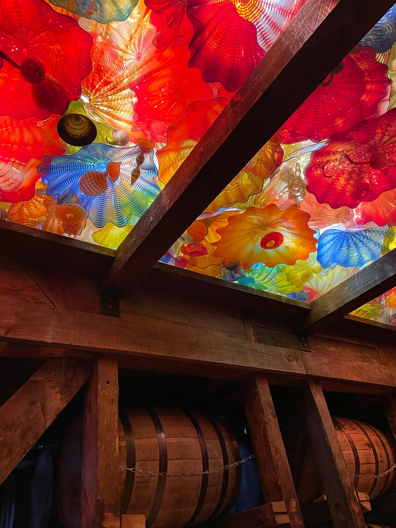 colorful glass ceiling in makers mark bourbon barrel house