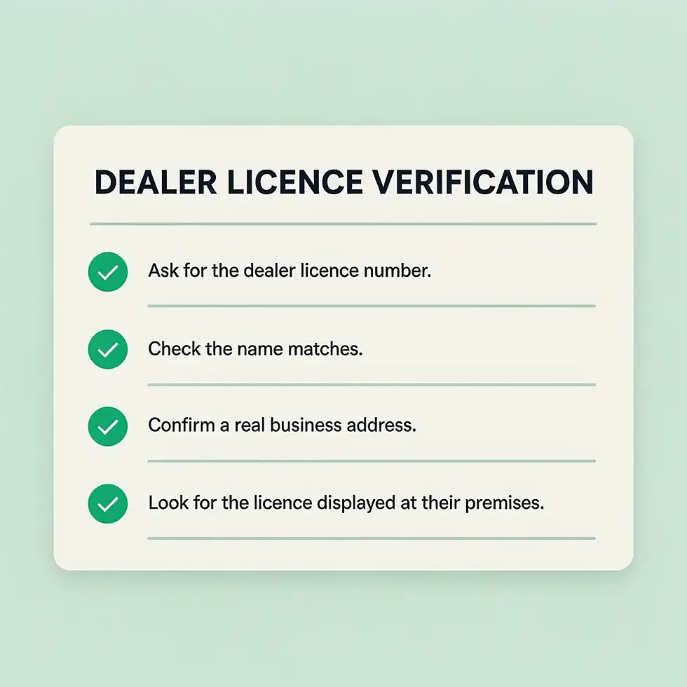 Checklist graphic showing steps to verify a cash for cars buyer's licence in Western Australia